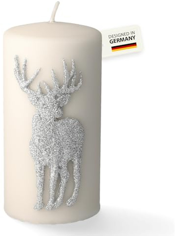 Stumpenkerze Rensdyr mit Hirsch | silber grau | Brenndauer: ca. 84 h | ohne Duft | Adventskerze | Deko Kerze für Weihnachten, Adventskranz