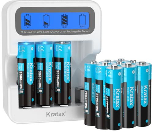 Kratax 12-Pack AA Rechargeable Batteries with LCD Charger, 3500 mWh High Capacity 1.5V Lithium AA Battery, Max 3A Current,1600 Long Cycles - Home&Office Use|Blink Camera|VR/Xbox GamingPad|RC Car,etc.