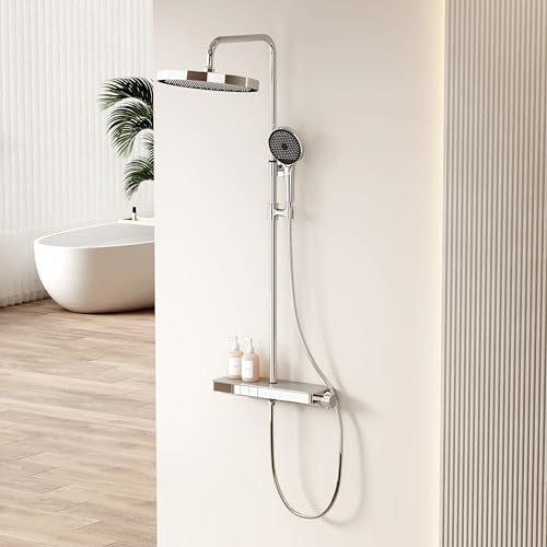 EMKE Colonne de douche Thermostat, 40 x 15 cm étagère, ensemble de douche avec douchette,3 types de jets,contrôle intelligent de la température,Élimination du chlore,Chrome