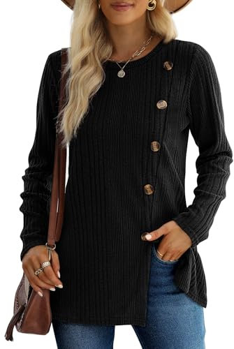 XIEERDUO Damen Pullover Herbst Winter Strickpullover Rundhals Langarmshirt Schlitz Tunika Top Mit Knöpfen Oberteile Elegant Schwarz L