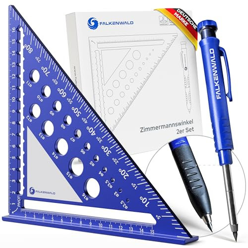 FALKENWALD® Zimmermannswinkel 180mm mit Schreibfläche inkl. Tieflochmarker - Ideal zum präzisen Markieren & Zeichnen - Anschlagwinkel Schreinerwinkel - Geschenk für Männer