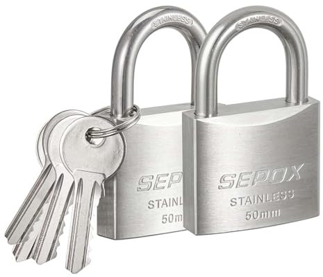 SEPOX® Cadenas à clés d’extérieur professionnels résistants aux intempéries, anse et corps de serrure en acier inoxydable SUS304 50mm, 2 cadenas avec 4 mêmes clés, pour marine, industriel, jardin