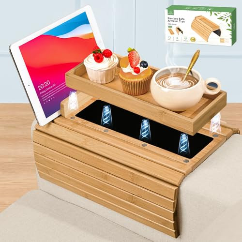 Joy&Grace Couch Cup Holder, 3-in-1 Magnetic Detachable Couch Arm Tray, Bamboo Sofa Armrest Table with Anti-Slip Pad, Sofa Armrest Tray Table (Natural)