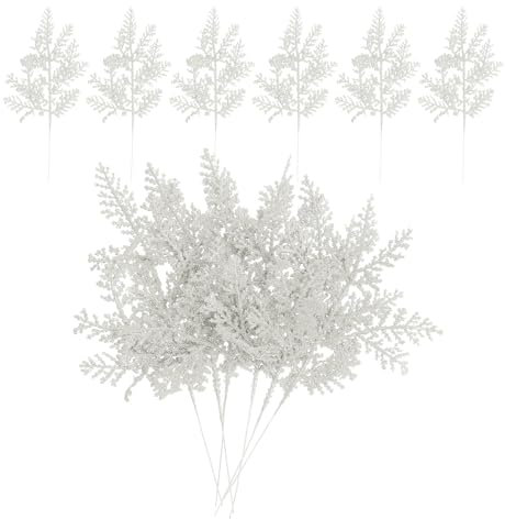 PATIKIL 24 Pz Aghi di Pino Artificiali da 10 Pollici, 24 Pz Steli di Pino Glitterati Rami di Natale Finti Foglie di Ramo Floreale Finto Scelte di Cedro Spruzzi , Bianco
