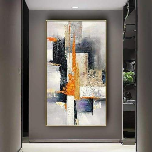 Rumlly Grande peinture sur toile texturée moderne abstraite géométrique orange, tableau d'art mural vertical, décoration d'entrée de porche de salon 70x140cm sans cadre