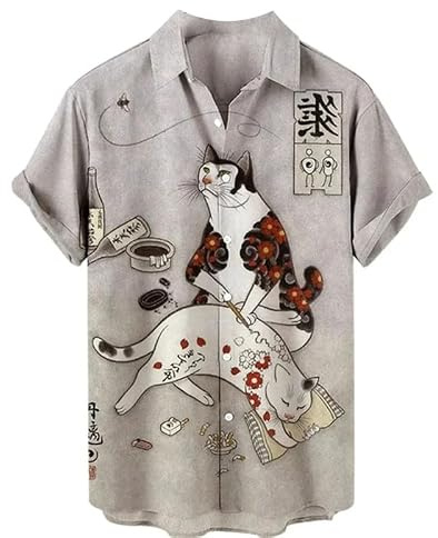 Hawaiian Beach Shirt Men Japanese Style Cat Pattern Print Short Sleeve Button Down Lapel Shirts Cartoon Anime Cat 3D Digital Printing Quick Dry Blouse