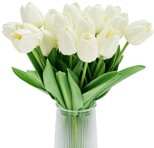 QWORK® 20 stück künstliche tulpen, künstliche Blumen wie echt, dekorative blumensträuße für Party, Hochzeit und zuhause,weiß