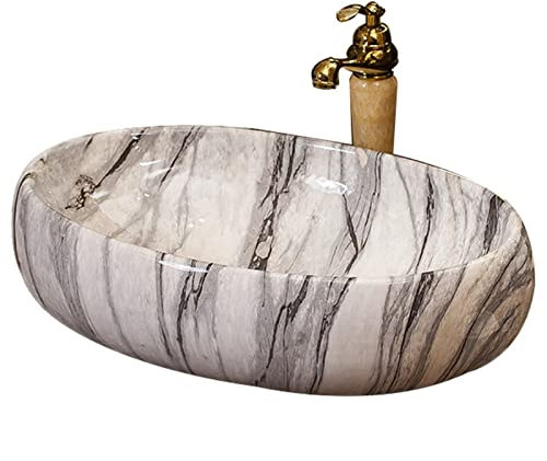 WOTZOV Lavabo de cerámica Ovalado con diseño de mármol, para encimera, con Grifo para Mueble de baño, 40,6 x 33 cm.