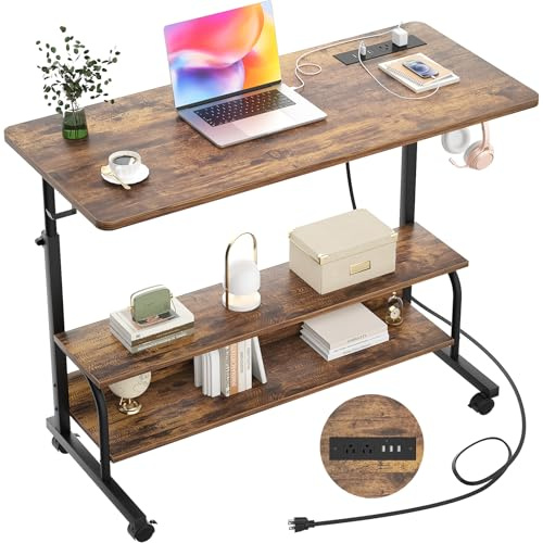 iSunirm Rolling Standing Desk with UK Power Outlets & USB, Height Adjustable Desk on Wheels, Small Portable Desk for Home Office, Industrial C-Shaped Study Table & Bedside Laptop Desk Brown