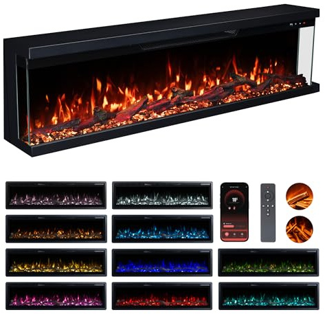 Valine Fires 3-Sided Panoramic Electric Freestanding Fireplace Heater 50/127cm – Wall-Mounted, Media Wall Electric Fire with Real Logs, 15 LED Colours, Crackling Sound, 900W/1800W Heat Control
