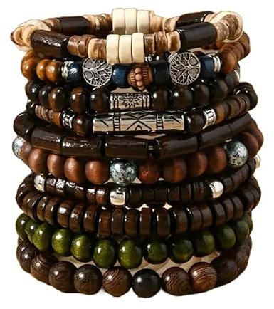 10er Set Holzperlen-Armbänder – elastisch & dehnbar – Unisex Schmuck | Für Damen & Herren – Festival Boho Style – ohne Verschluss – leicht & bequem – Modeschmuck
