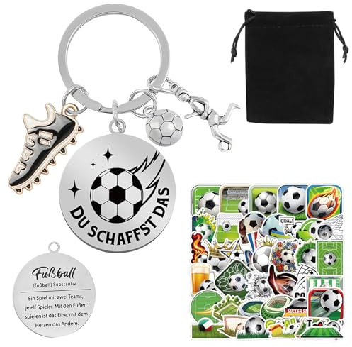 FcaecY Fussball Anhänger, Schlüsselanhänger Fussball Kinder, Fußball Geschenke für Jungs 10 12 14 Jahre enthält 50 Fußball-Sticker als Geschenke Kommunion und Schulanfänger