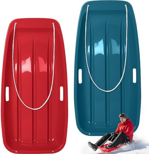 Poen 2 Pcs Plastic Snow Sled 35 Downhill Sprinter Winter Toboggan Sled Board with Pull Rope and Handles Snow Sleds for Kids Adults Downhill Sledding Sleigh Sand Board Sleigh (Navy Blue and Red)