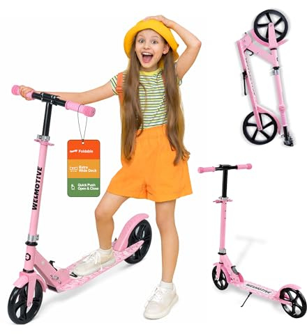 Welmotive Tretroller für Kinder & Erwachsene – Klappbarer Cityroller mit höhenverstellbarem Lenker – Scooter mit Ständer – Keine Montage nötig – Leicht bis 100KG Pink
