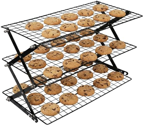 3-Tier Collapsible Cooling Rack - Adjustable & Stackable Wire Baking Rack with Stable X-Leg Design, Space-Saving Cooling Racks for Cooking, Baking Cookies, Cakes, Roasting & Drying (Black)