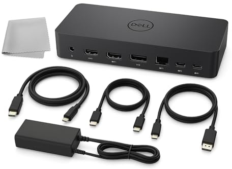 Dell UD22 Universal Docking Station USB-C/USB-A – Supports Dual/Triple & 4 Monitors + HDMI Cable, DisplayPort Cable + USB-C Cable + Original Dell 180 W Power Adapter & Cleaning Cloth – Black