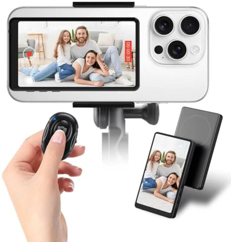 Mocroy Magnetic Phone Vlog Monitor, 4.02'' HD Wireless Screen Mirroring Rear Camera Selfie Screen for iPhone 12/13/14/15/16 & Android Phone, Live Streaming & Photography (Gray)