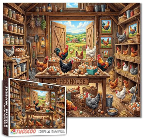Henhouse with Chickens Puzzle Eggs Roosters and Wooden Crates Jigsaw Colorful Country Scene 1000 Pieces for Adults Beginner Challenging Family Activity Games DIY Crafts for Home Decor Gifts