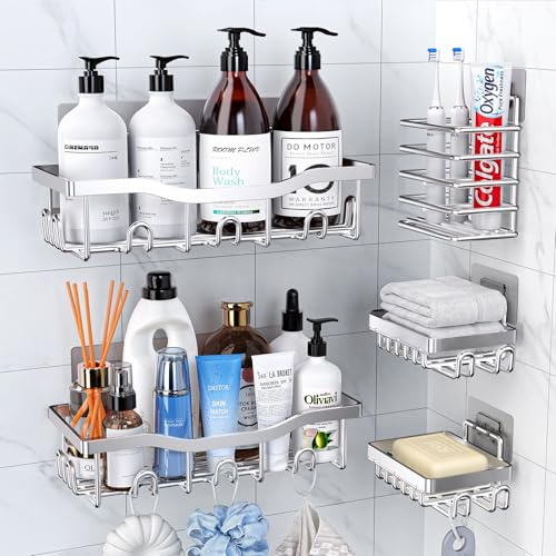Deyhoc Rustproof Stainless Steel Shower Caddy 5 Pack - Silver | Bathroom Storage Accessory Shelf Organiser No Drilling Hanging, Soap Toothbrush Holder Set, Kitchen Wall Mounted Corner Decor