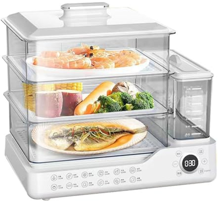 Vaporiera elettrica professionale 24L, acciaio inox, 3 livelli, timer digitale 24h, spegnimento automatico, cuoce riso e pesce