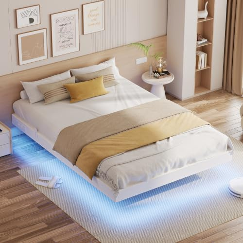 IRONCK Bettgestell 140x200 cm, Schwebender Bett mit LED Beleuchtung, Gepolsterte Seitenwände, 2 AC-Steckdosen, 1 USB-A-Anschluss, 1 USB-C-Anschluss, Metallbett mit Lattenrost Doppelbett, Weiß