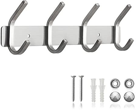 ERWEY Hakenleiste Edelstahl Garderobenleiste Kleiderhaken Mit 4 Doppelhaken Wandhaken Rostfrei Mehrzweckhaken Garderobenhaken Wandhaken 28cm (4 Haken)