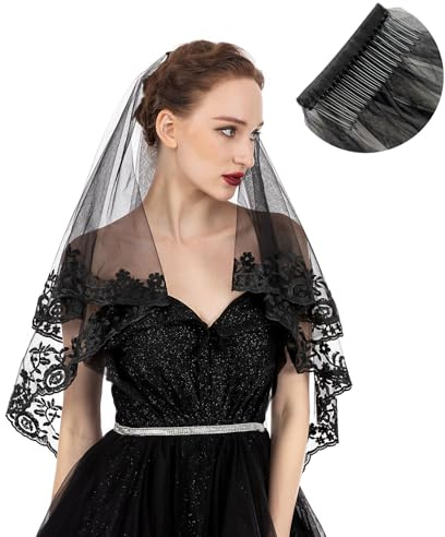 PAMOR Black Lace Veil Creative Cathedral Tulle Sheer Wedding Halloween Veil for Bride With Hand-sewn Metal Comb