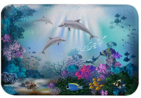 A.Monamour Badematten Badteppiche Badvorleger Unterwasserwelt Korallenfische Delfin Pflanzen Meereslebewesen Blauen Für Kinder Flanell Türmatte Runner Teppiche Matte Für Badezimmer Bad Küche 40x60cm