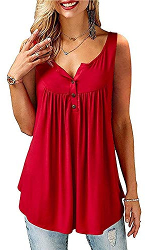 Amoretu Chemise Fluide évasée décontractée sans Manches pour Femmes Rouge L