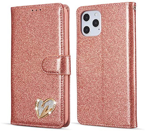 QLTYPRI Case for iPhone 12 Pro Max, Glitter PU Leather TPU Bumper Card Holder Wrist Strap Wallet Case with Inlaid Heart Diamond Flip Cover for iPhone 12 Pro Max (6.7 inch) - Rose Gold