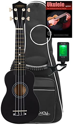 Classic Cantabile US-50 BK Sopranukulele Set - Ukulele mit 12 Bünden - Komplett-Set inkl. Tasche, Stimmgerät, Ersatzsaiten und Schule- leichtgängige Gitarrenmechanik - Weiße Nylon-Saiten - Schwarz