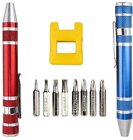 SWATOM 8 in 1 Mini Screwdriver Set Small Screwdrivers Pen Magnetic Repair Tools EDC Compact Precision Gadgets for Computer Eyeglasses Daily Home Improvement Use (Blue&Red+ Magnetizer Tool)