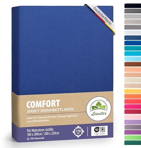 leevitex® Premium Spannbettlaken 180x200-200x220 cm - 40 cm Steg - auch für Boxspringbett & Wasserbett | 100% Mako-Jersey-Baumwolle | ÖKO-TEX | 170g/m² | Royalblau/Königsblau