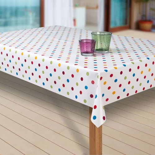 laro Wachstuch-Tischdecke Abwaschbar Garten-Tischdecke Wachstischdecke PVC Plastik-Tischdecken Eckig Meterware Wasserabweisend Abwischbar G03, Muster:Punkte Weiss-bunt, Größe:100x160 cm
