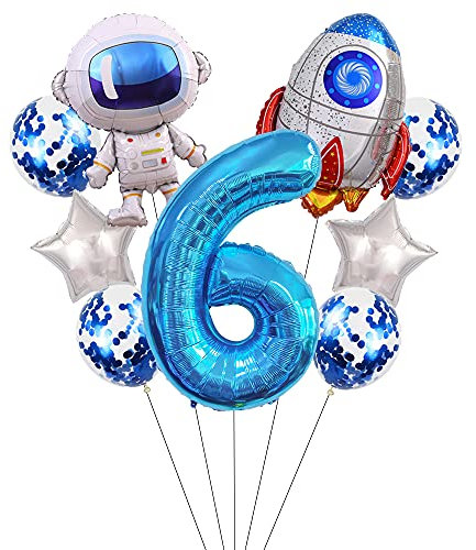 Liitata Weltraum Luftballon Set 6. Kinder Geburtstag Deko Zahl 6 Folienballon Blau Großes Astronaut Raketen Luftballons Stern Ballon Konfetti Luftballons für Junge Geburtstag Party Motto Party Deko