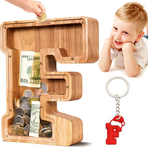 Summidate Spardose für Kinder Junge, Personalisiert Holz Großes Sparschwein, Unzerbrechliches Buchstabe A-Z Sparbüchse für Kinder Mädchen, Erwachsene, Geschenk&Dekoration