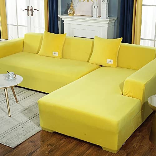 ZYBCQL L Shaped Einfarbig Sofaüberwürfe Sofaüberwurf,Elastische Eckcouch Sofabezug Für Hunde Kinder,Wildleder Resistent Sofa Überwürfe-Gelb 1-seat/90-140cm