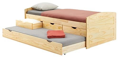 IDIMEX Bett mit Stauraum Jessy aus massiver Kiefer Natur, schönes Jugendbett mit 3 Schubladen, praktisches Funktionsbett mit Auszugbett, gemütliches Bett in 90 x 190 cm