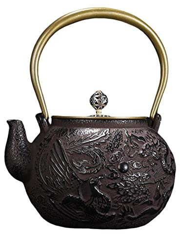 OFUNGO Kaffeekanne, Teekocher, Milchtopf, Drachen- und Phönix-Muster, traditionelle Gusseisen-Teekanne, Teekessel, 1,3 l, robuster Herd, Holzherd