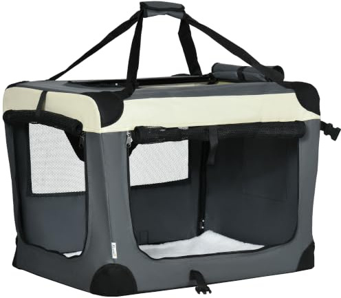 PawHut 70cm Foldable Pet Carrier for Small Dogs Cat Carrier Grey | Portable, Soft Side Pet Travel Crate, Removable Mat, Breathable Mesh
