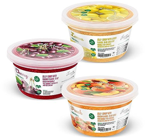 INSPIRE FOOD Popping Boba Variety Pack - Peach, Cherry & Lemon (3 x 450 gm) - No Artificial Colors - Lower Sugar, Real Fruit Juice - 100% Vegan & Glutenfree
