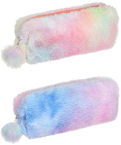 2 Stück Federmäppchen Plüsch, Geschenke für Mädchen, Mehrfarbig Reißverschluss Federmäppchen große Kapazität tragbarer niedlicher Stiftbeutel weicher, flauschiger Kosmetik-Organizer für Schule, Büro