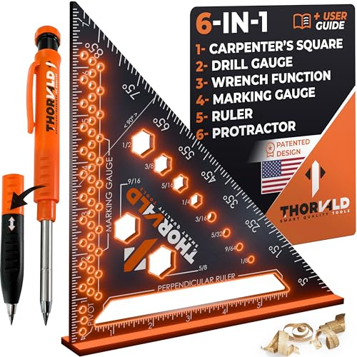 THORVALD 6-in-1 Carpenter Square 7 inch (1/16 Precision) T Square Multi-Purpose Carpenter Tools : Wrench, Square, Protractor, Ruler, Marking Gauge, Drill Gauge, Includes 2-in-1 Carpentry Pencil