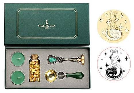 Vintage Siegelwachs Tablette Perlen Kerze Abnehmbarer Löffel Stempel Set mit Aufbewahrungsbox Kit DIY Umschlag Einladung Handwerk-Mond in Flasche