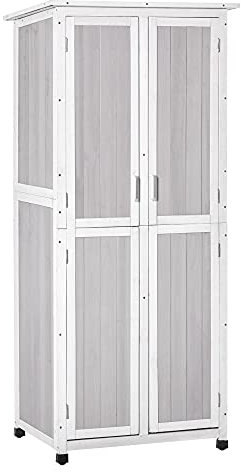 Outsunny Abri de Jardin Meuble de Jardin Dim. 77L x 58l x 175H cm 2 étagères 2 Portes 3 Crochets Toit en Bitume imperméable Bois d'épicéa pré-huilé Gris Blanc