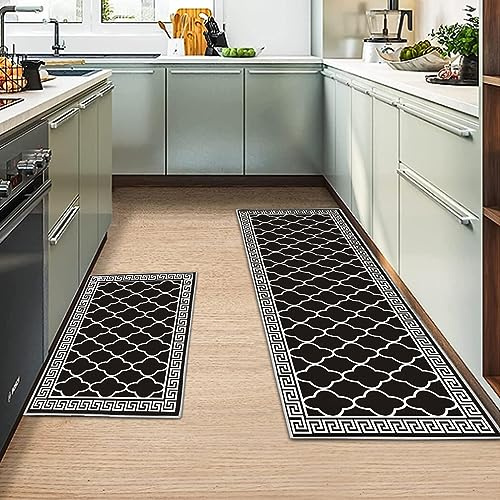 MIQEBX 2 Pcs Kitchen Rugs and Mats,Anti Fatigue Floor Mats Washable Non Slip Kitchen Runner for Office Sink Laundry,Black plaid