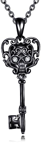 JERWLI Totenkopf Schlüssel Kette Silber 925 Schwarzer Gothic Schlüssel Anhänger Totenkopf Halskette Totenkopf Schmuck für Männer und Frauen Halloween Geschenke