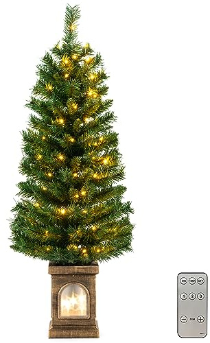 COSTWAY 120 cm künstlicher Weihnachtsbaum mit Beleuchtung, Tannenbaum im Topf, 3 Lichtmodi, mit warmweißen LED-Lichtern & Timer & 160 PVC Zweigspitzen, Christbaum Topfbaum für Eingang Haus Büro, Grün