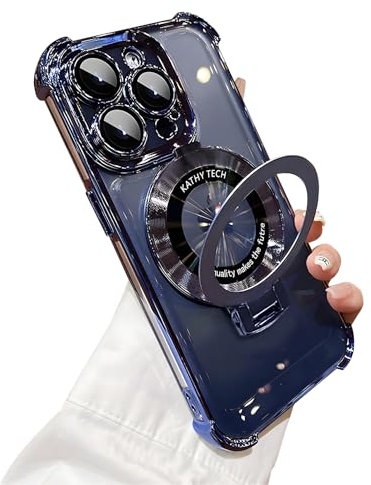 Emlivi iPhone 15 Pro Max Klar Hülle Kompatibel mit Mag-Safe,Galvanisierte Magnetisch Handyhülle Ring Ständer,Transparent Kameraschutz TPU Case Cover,Vier Ecken Anti-Fall Schutzhülle,Blau