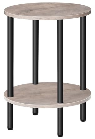CHOEZON Round Side Table, 2-Tier End Table, Small Round Nightstand with Sturdy Metal Tube, Industrial Coffee Tables, for Living Room, Bedroom, Greige and Black DTBZ01BG